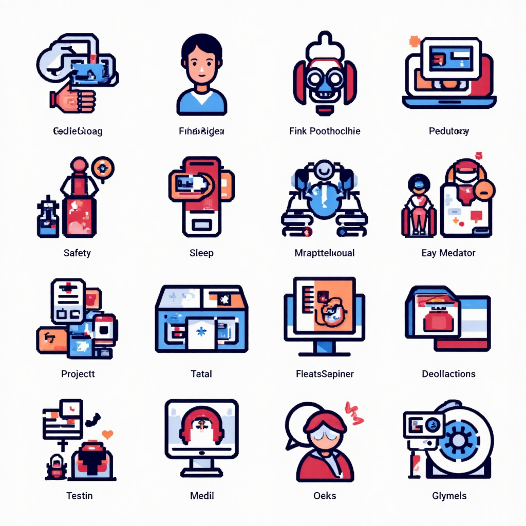 a modern graphic illustration depicting a grid of abstract icons representing different types of testing spanning technology safety and medical fields with clean lines and a vibrant color palette