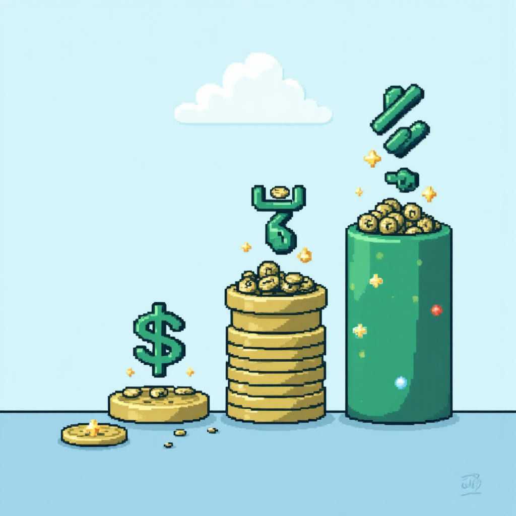 stylized graphic showing a steady stream of coins flowing into different investment vehicles like mutual funds and stocks with a calm blue and green color palette