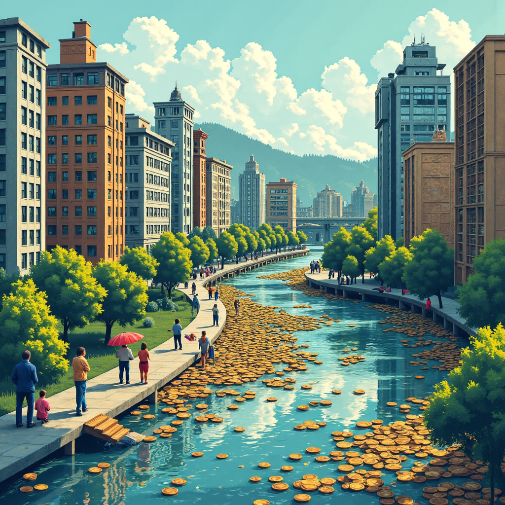像素藝術風格的現金河流穿越城市景觀，象徵企業現金流動的動態