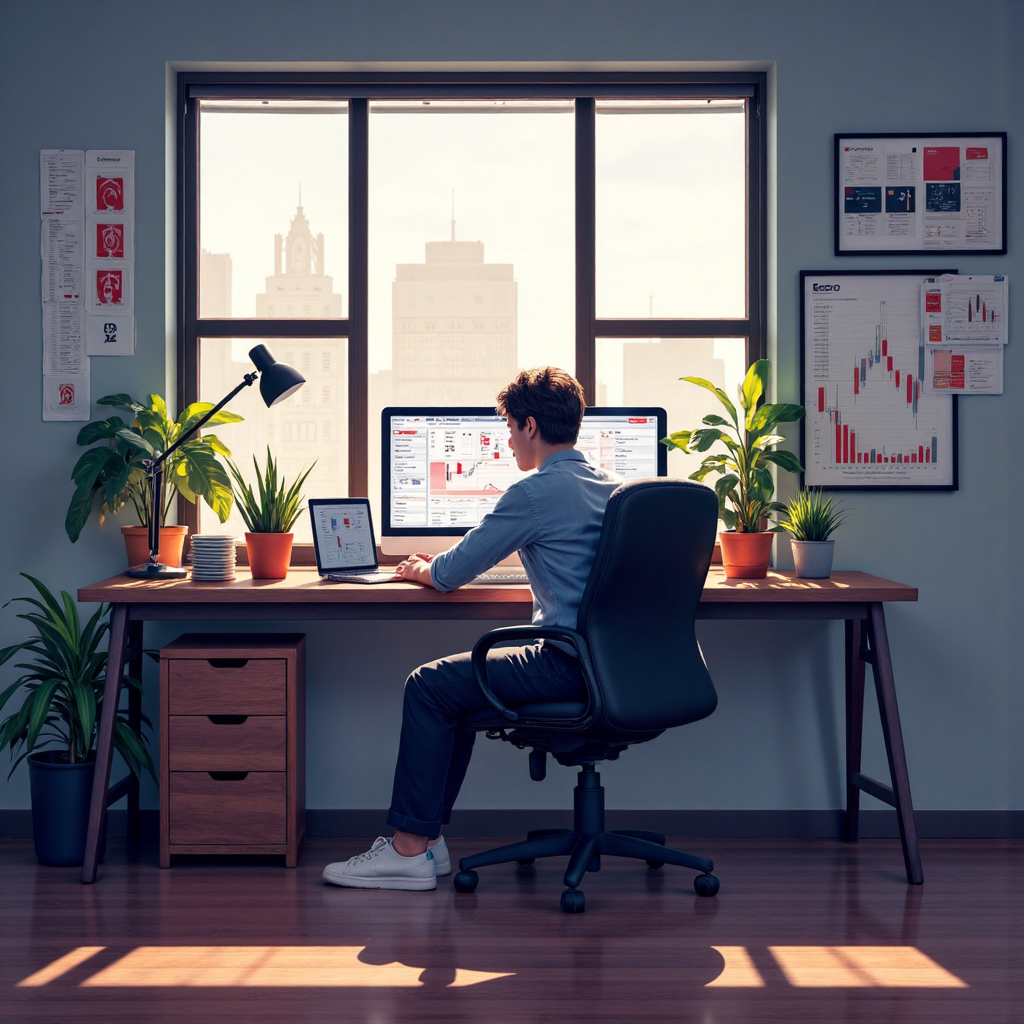 A serene illustration of a forex trading desk with charts and currency symbols subtly integrated into the background the overall atmosphere is calm and focused with soft natural light illuminating the workspace