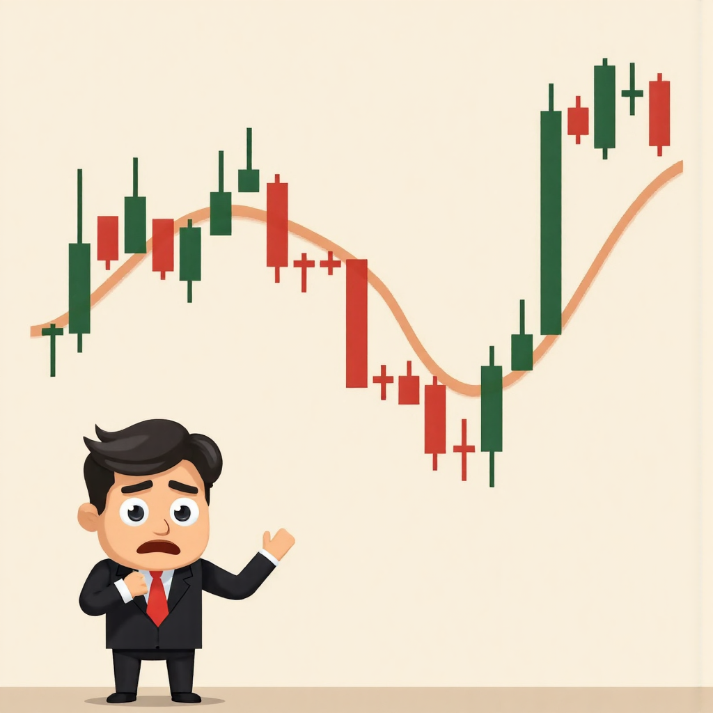 An illustration of a trading chart showing a price gap representing slippage with a worried trader in the foreground soft neutral tones