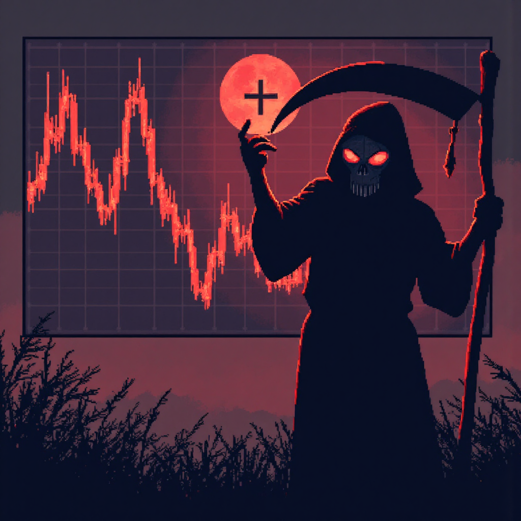 illustration of a bearish financial market with a grim reaper figure holding a scythe overlooking a downward trending graph depicting a death cross symbol with a somber color palette and dramatic lighting
