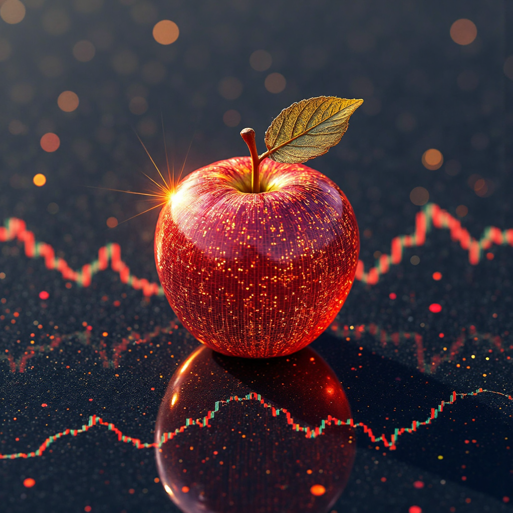 蘋果公司債像素藝術插圖,財務圖表形成的閃耀蘋果形狀與上升趨勢線,周圍環繞穩定債券符號與金融圖表,溫暖金色光芒