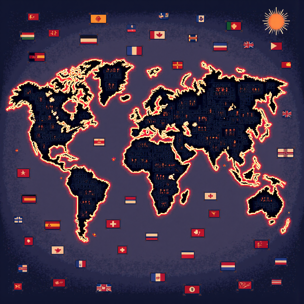 全球金融市場圖表連結股市債市與貨幣符號，背景散布國際旗幟，像素藝術風格溫暖插圖