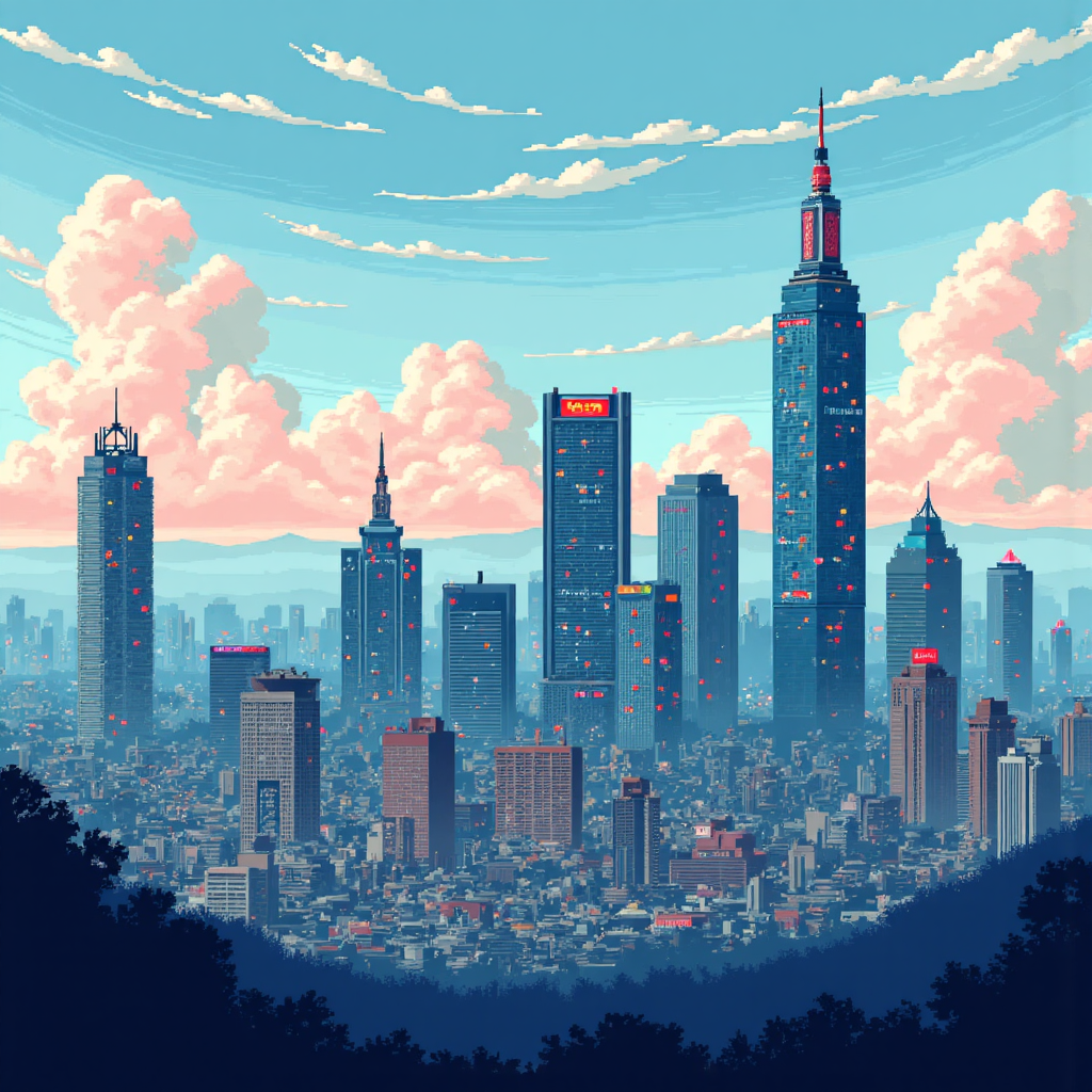 全球經濟趨勢與台灣天際線交織的像素藝術插圖,象徵貨幣兌換市場的動態