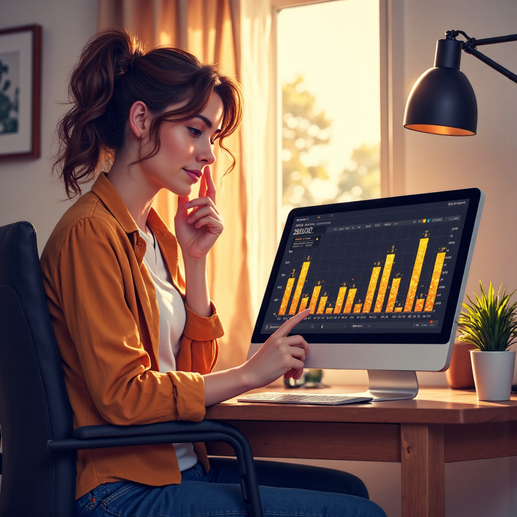illustration of a confident beginner investor looking at a glowing golden bar chart on a tablet with soft morning light and a warm color palette
