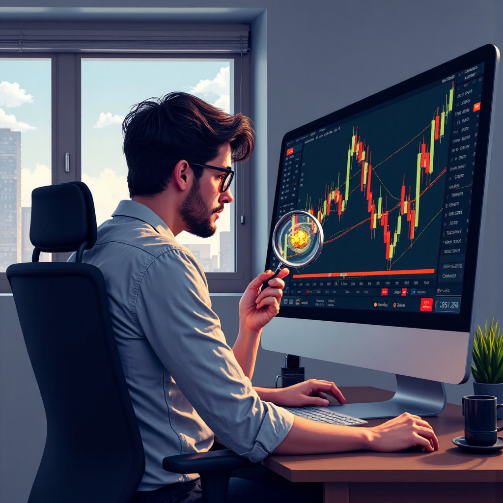 ภาพนักลงทุนตรวจสอบกราฟตลาดหุ้นด้วยแว่นขยายค้นพบโอกาสทองในความผันผวน