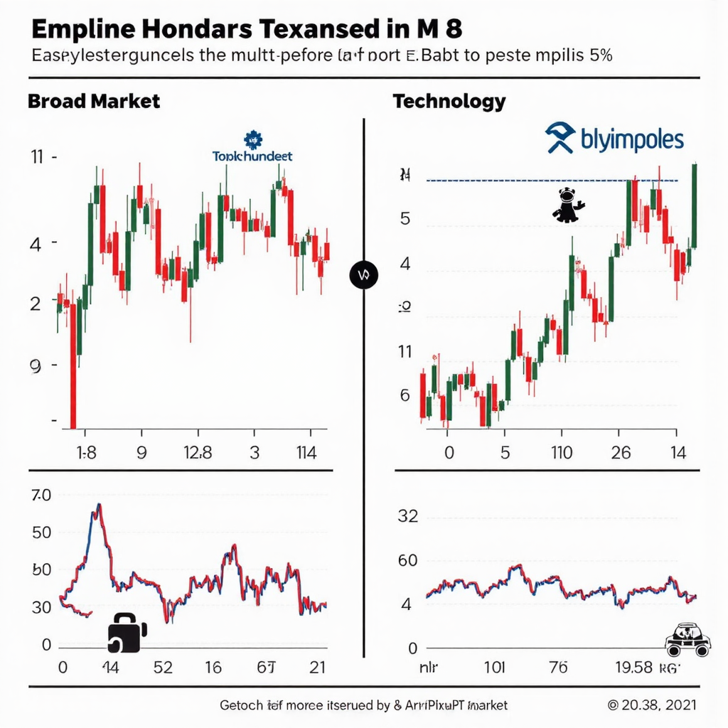 ภาพเปรียบเทียบกราฟดัชนีตลาดหุ้นสองตัว หนึ่งตัวแทนดัชนีกว้าง อีกตัวเน้นเทคโนโลยี พร้อมไอคอนอุตสาหกรรมที่แตกต่าง