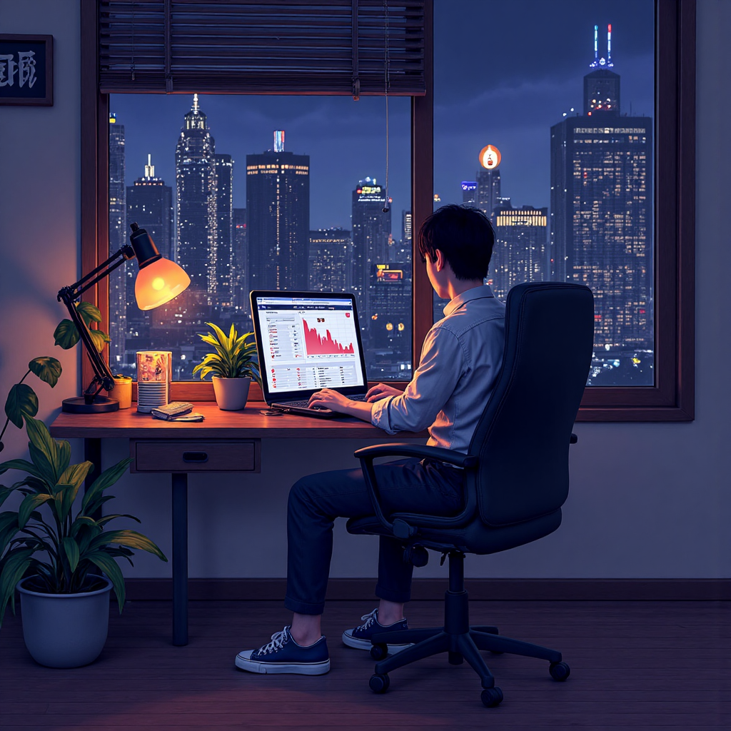 台灣投資人深夜使用筆電交易美股，周圍環繞圖表與數據的動態像素藝術插圖