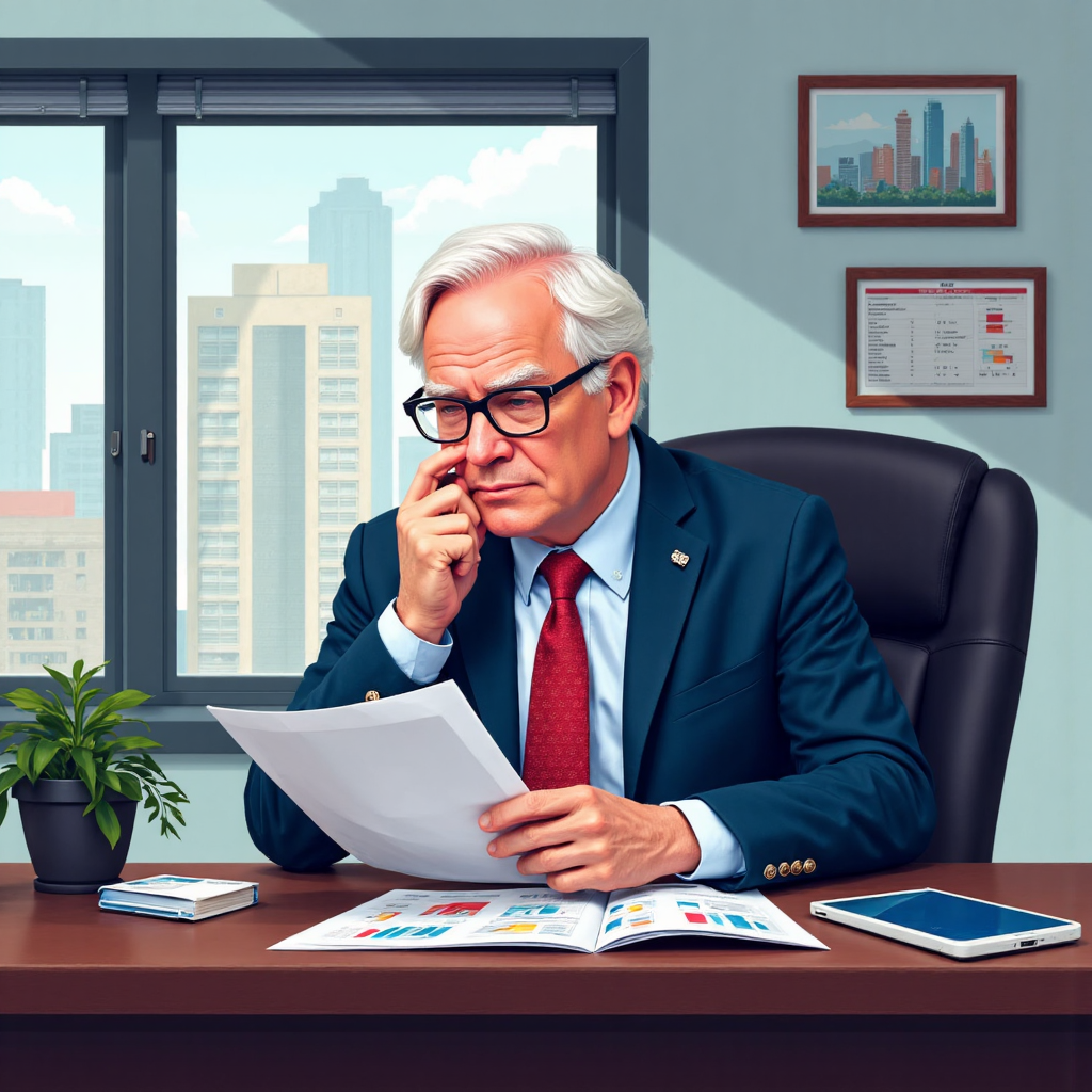 Warren Buffett examining Bank of America financial report pixel art