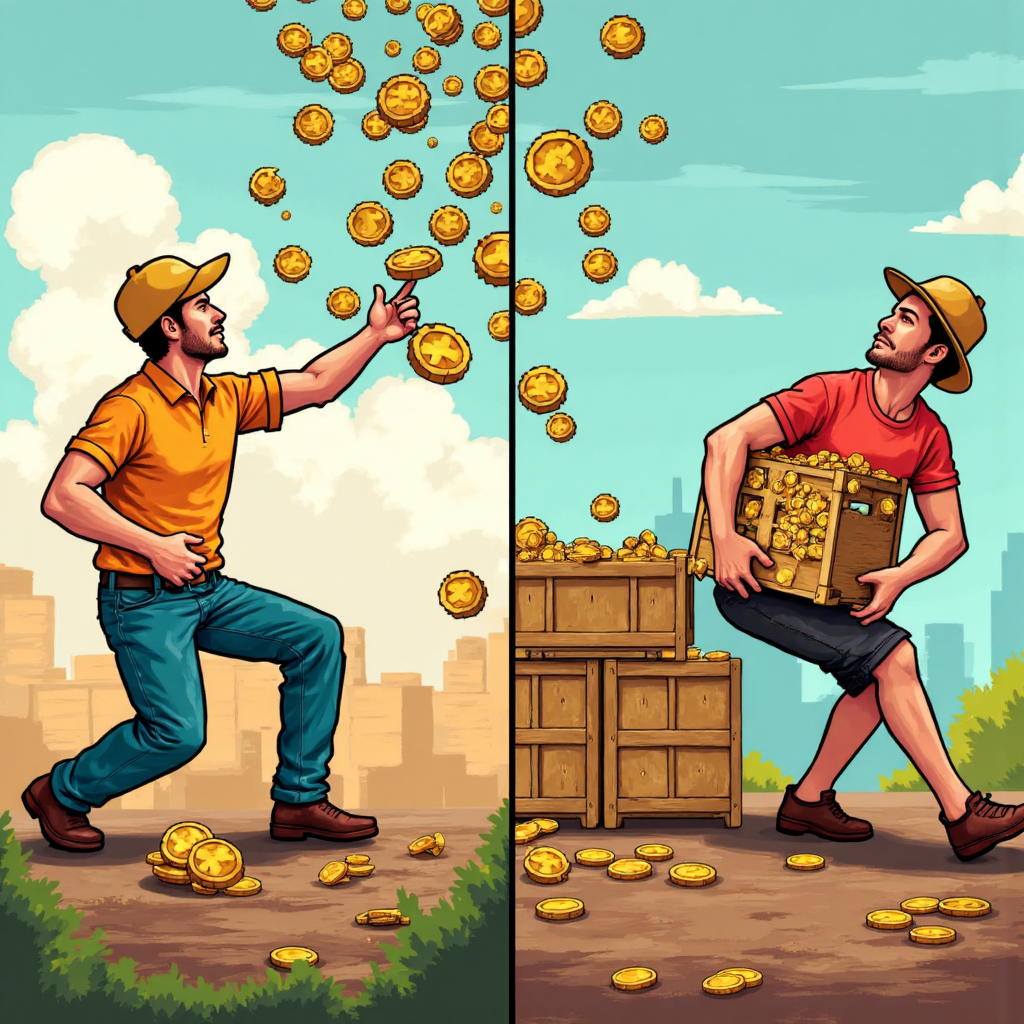 像素藝術風格分裂圖像，對比出口公司獲美元雨與進口公司負重原料箱，顯示貨幣與產業影響