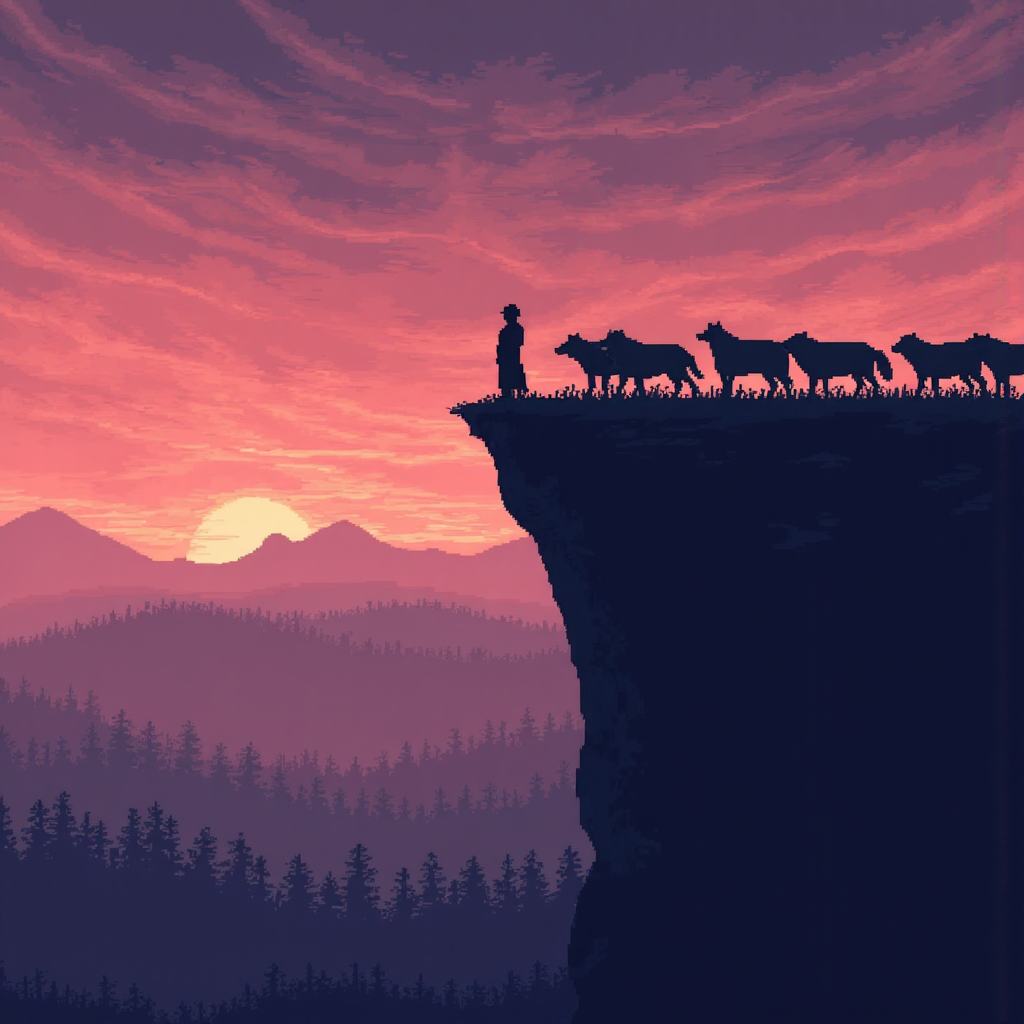 羊群跟隨狼走向懸崖的像素藝術,隱喻金融風險的誘導