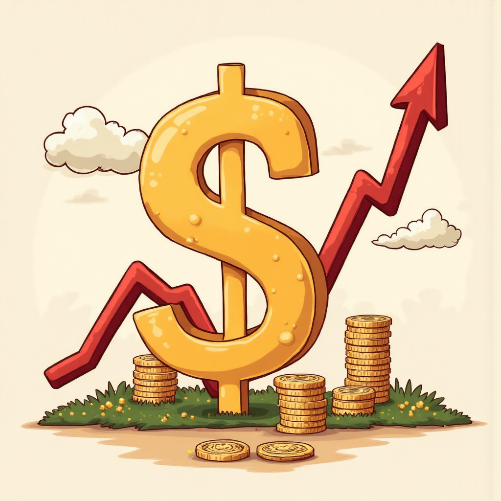 ภาพประกอบการ์ตูนของสัญลักษณ์บาทไทยที่พันกันกับกราฟอัตราดอกเบี้ยที่เพิ่มขึ้น พร้อมเมฆเงินเฟ้อเบาๆ ในพื้นหลัง แสงนุ่มนวลอบอุ่น