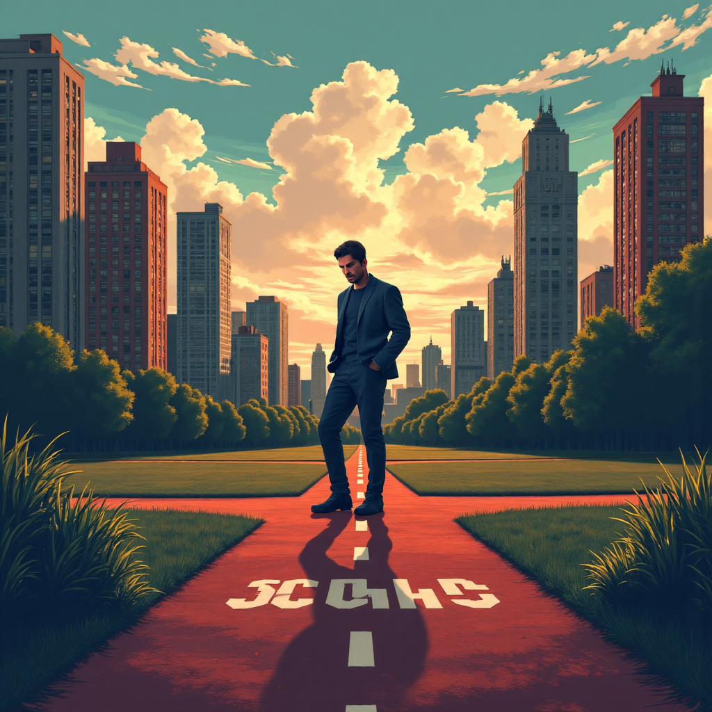 人物站在十字路口,一路通往繁榮股市,另一路向下墜落,手持賣出按鈕,憂慮表情,對比光影戲劇天空