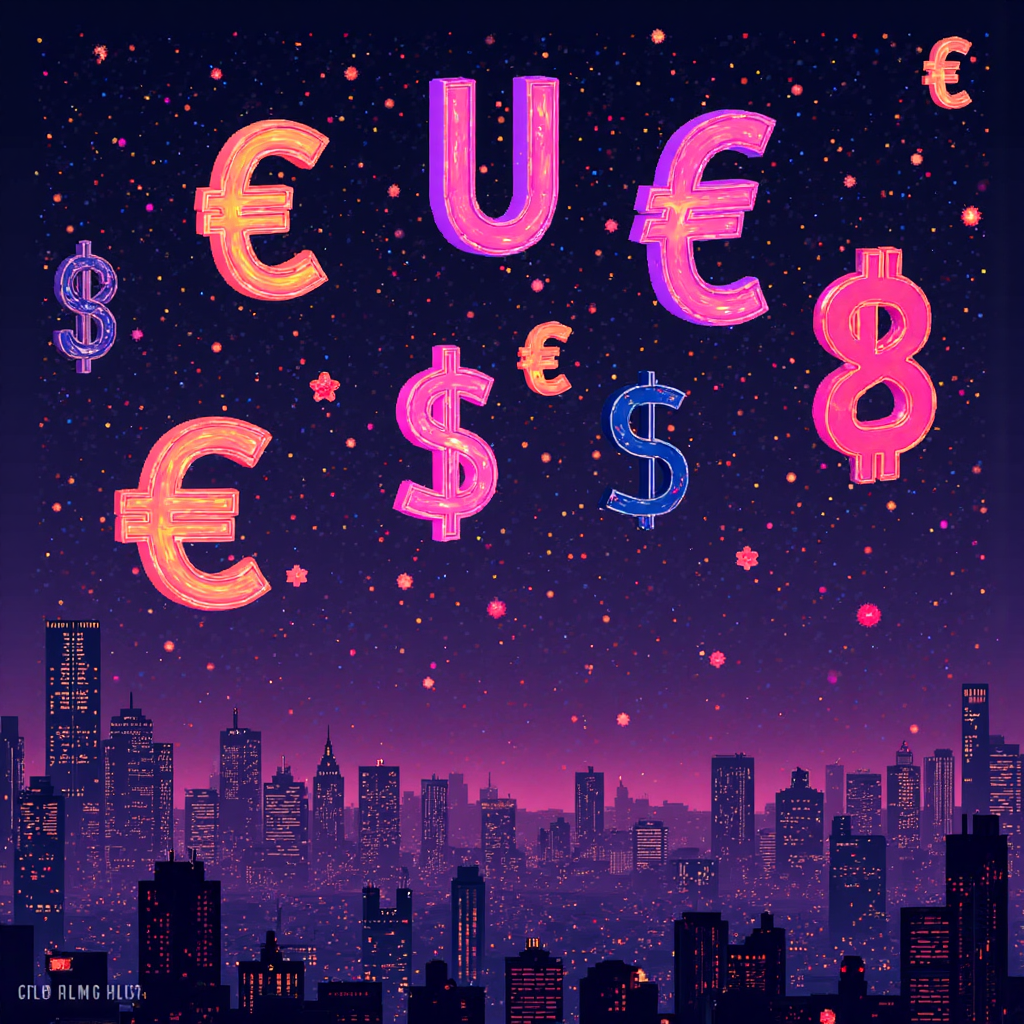 stylized illustration of diverse global financial markets with floating currency symbols gbp thb EUR usd interconnected by glowing lines representing trade flows and digital transactions in a vibrant neon color palette