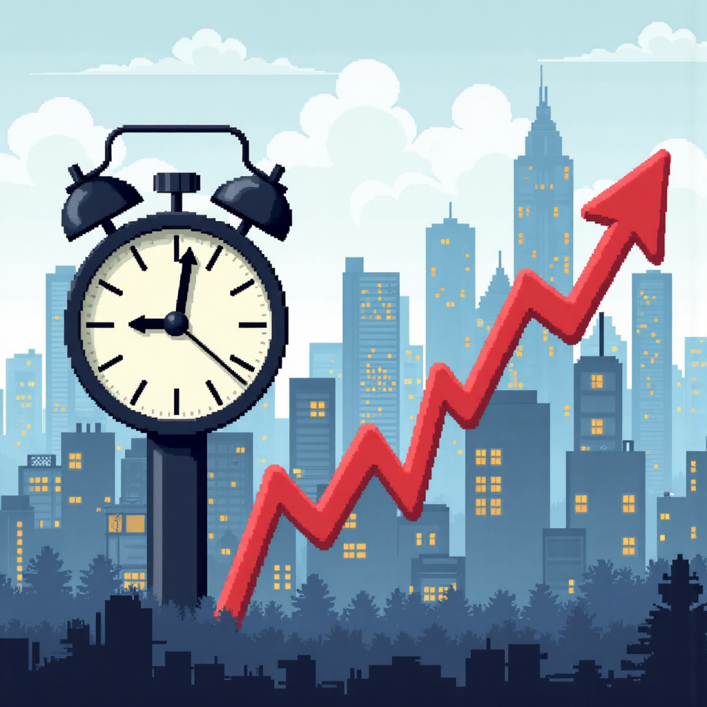 動態股票市場圖表與時間敏感交易的像素藝術插圖,展現代市景觀