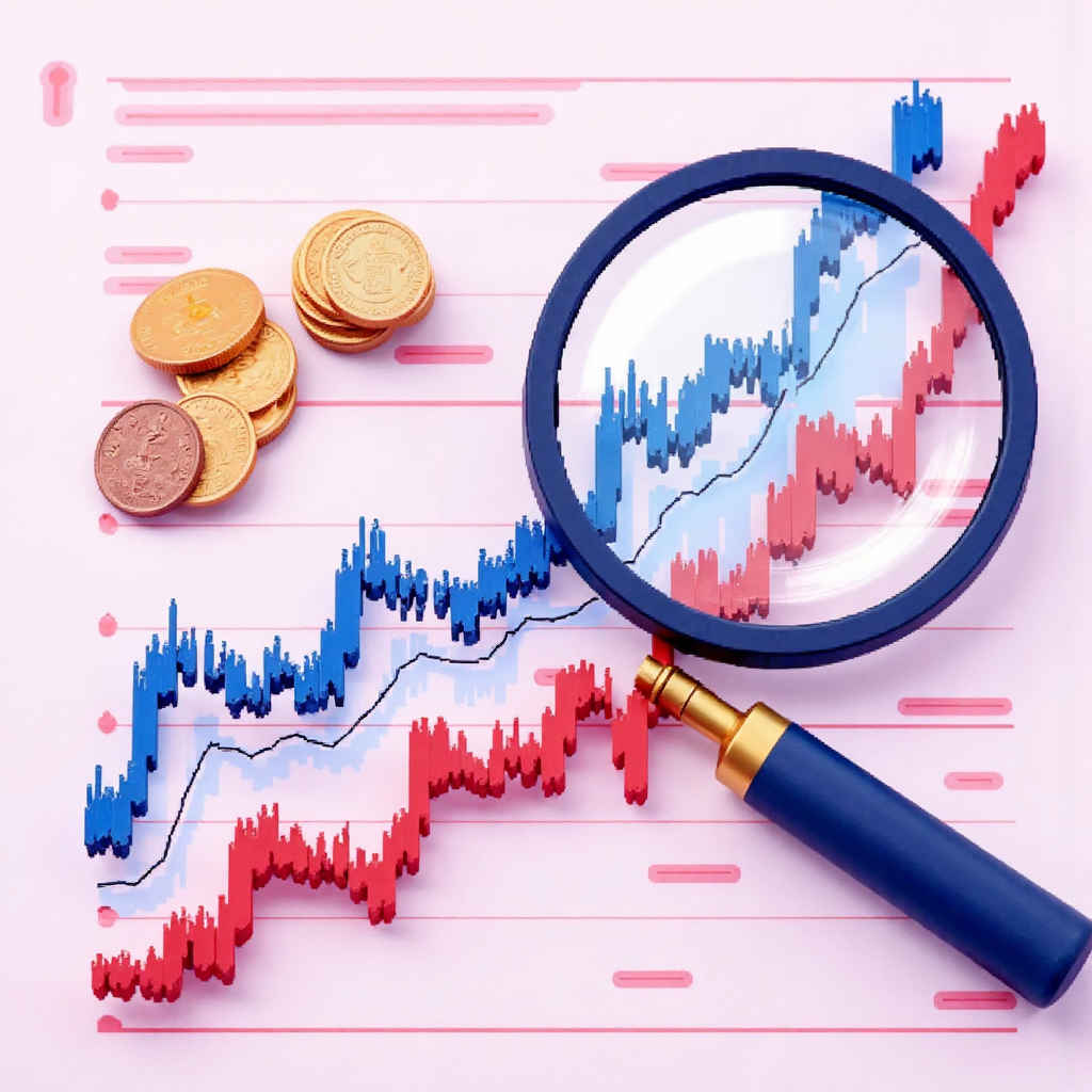 核心 CPI 經濟指標圖表放大鏡檢視，顯示穩定上升趨勢排除波動線條，融入台灣貨幣與股市圖表