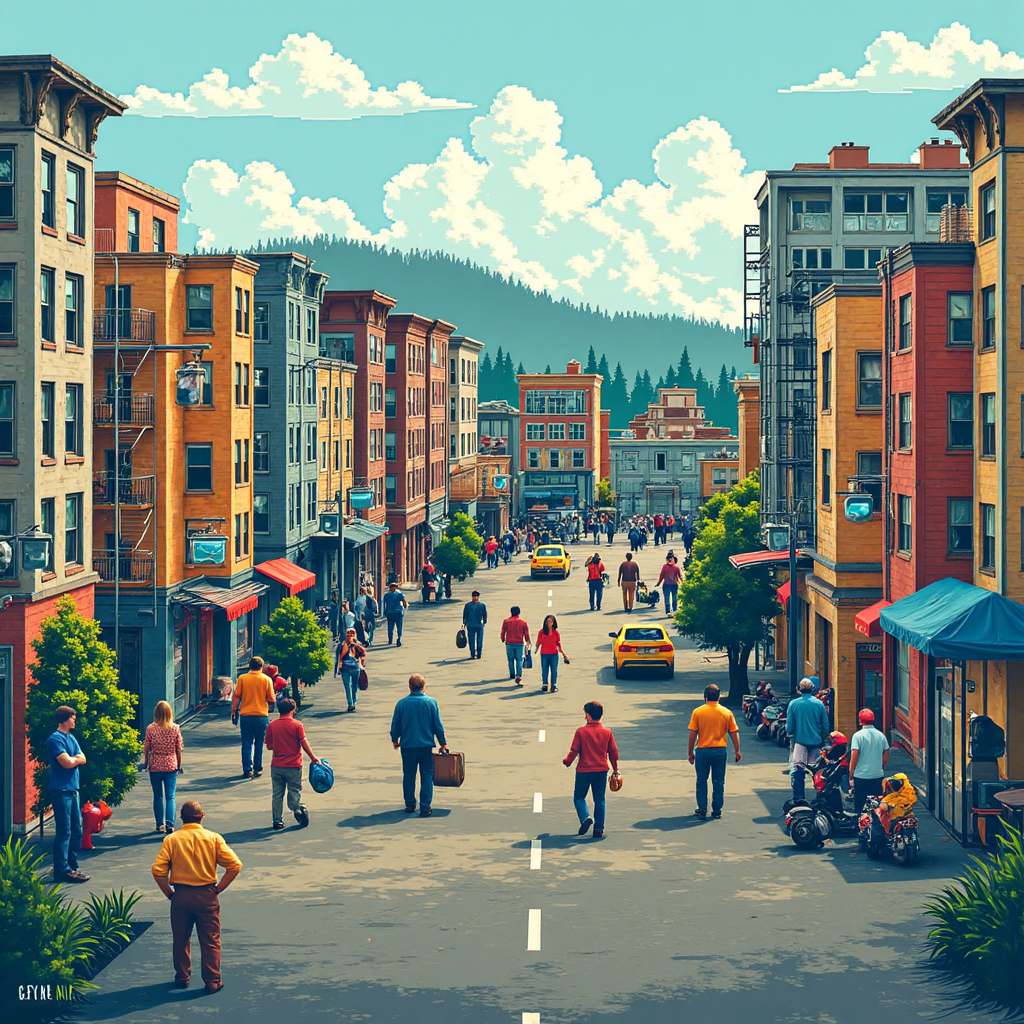 多元個體和小企業在數位市場上交換太陽能板和風力渦輪機的奇幻插圖,使用發光的區塊鏈節點和透明交易記錄