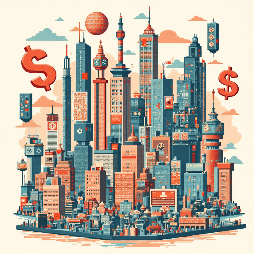 美元歐元日圓人民幣等主要貨幣符號與經濟數據、地緣政治因素互動的現代數位藝術風格插圖