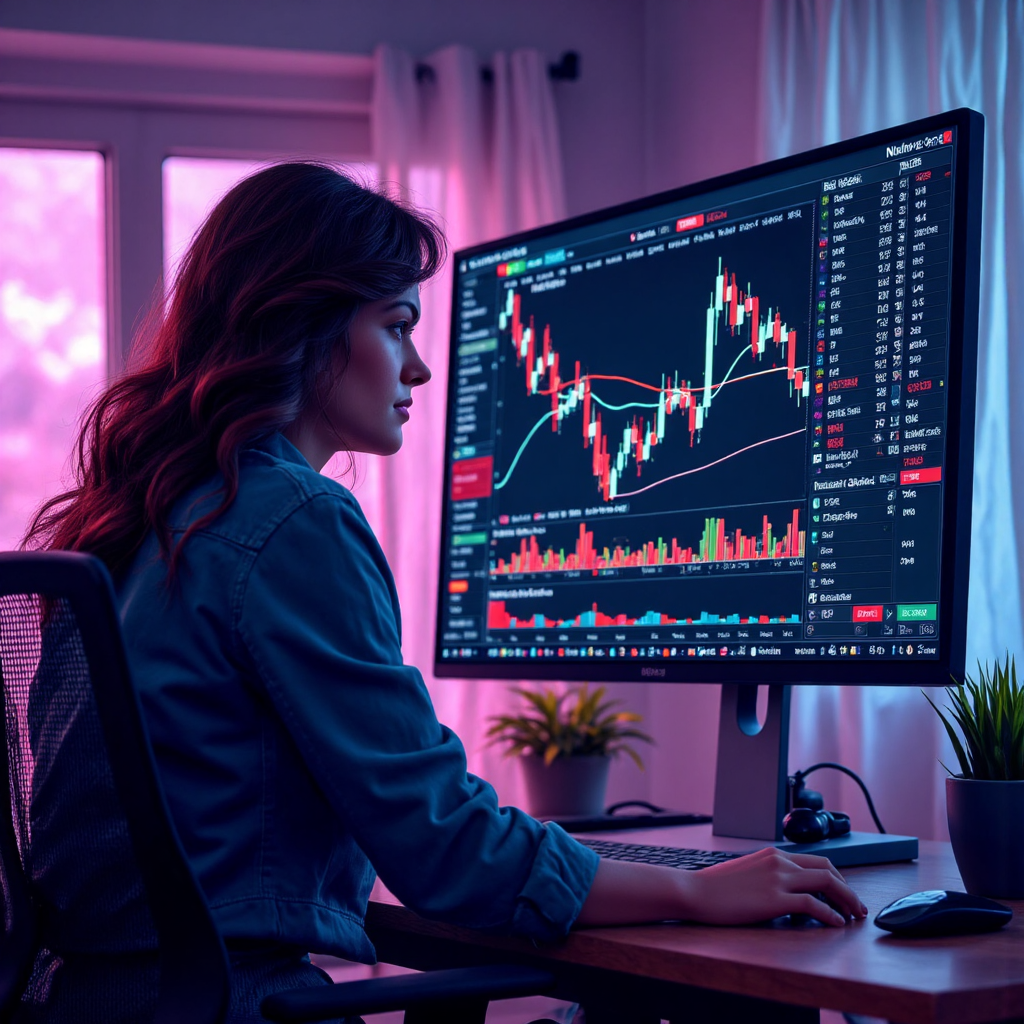 ภาพประกอบเทรดเดอร์กำลังสังเกตกราฟการเทรดในอนาคตที่มีเส้น Keltner Channel ชัดเจนบนอินเทอร์เฟซดิจิทัลที่สดใส บรรยากาศเน้นความมุ่งมั่นและมืออาชีพพร้อมองค์ประกอบเรืองแสงที่แสดงถึงการไหลของข้อมูล