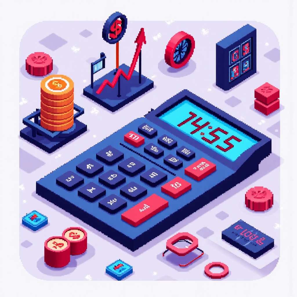 A vibrant illustration showcasing a digital calculator displaying profit and loss figures alongside various currency symbols and trading graphs the style is modern and clean emphasizing accuracy and efficiency