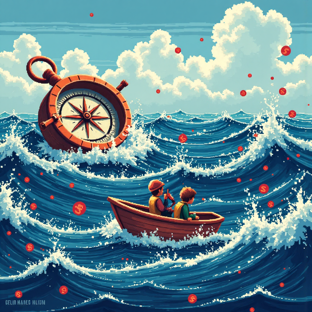 外匯市場指南針引導小船穿越貨幣波浪的像素藝術插圖