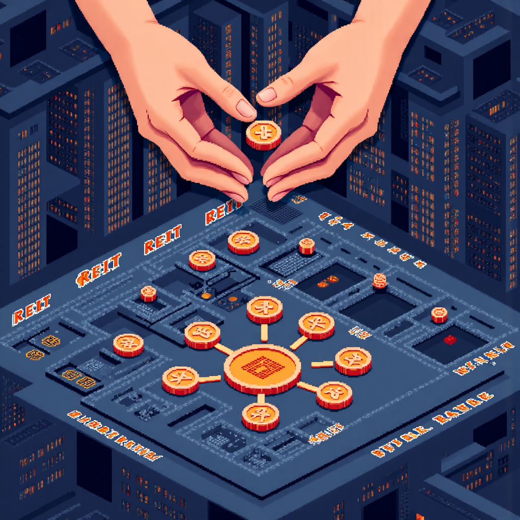 ภาพสไตล์ไอส์ลูสเตรท แสดงมือแลกเปลี่ยนหน่วย REIT เป็นโทเค็นเรืองแสงเหนือแบบแปลนอสังหาริมทรัพย์หลากหลาย พร้อมกระแสเงินสดชัดเจน เช่น ค่าเช่าและดอกเบี้ย
