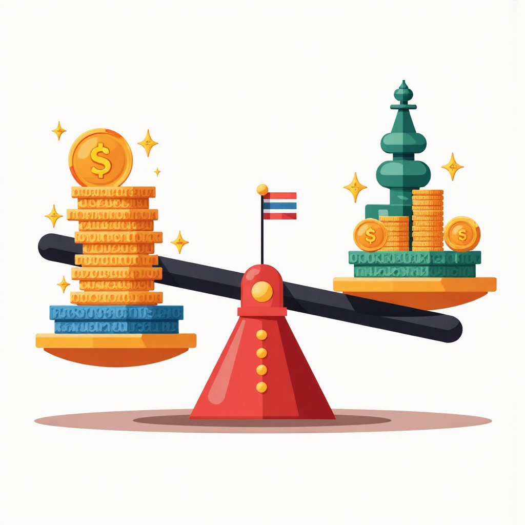 whimsical illustration showcasing a Thai investment portfolio represented by various asset icons including S&P 500 ETFs alongside Thai Baht coins harmoniously balancing on a seesaw symbolizing diversification and smart financial planning with a cheerful color palette