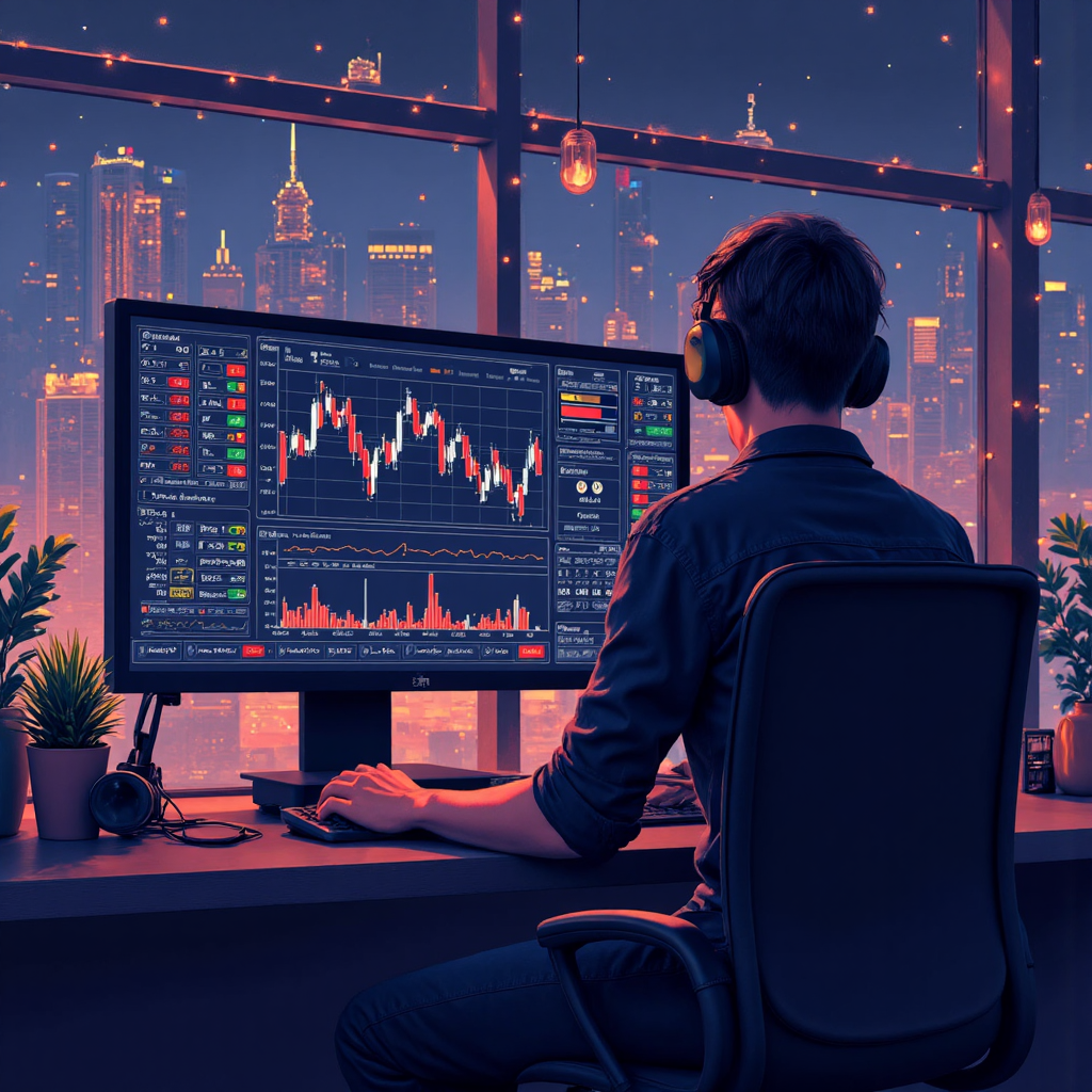 交易者在電腦前快速決策,周圍環繞發光圖表與金融符號,傳達緊迫感像素藝術插圖