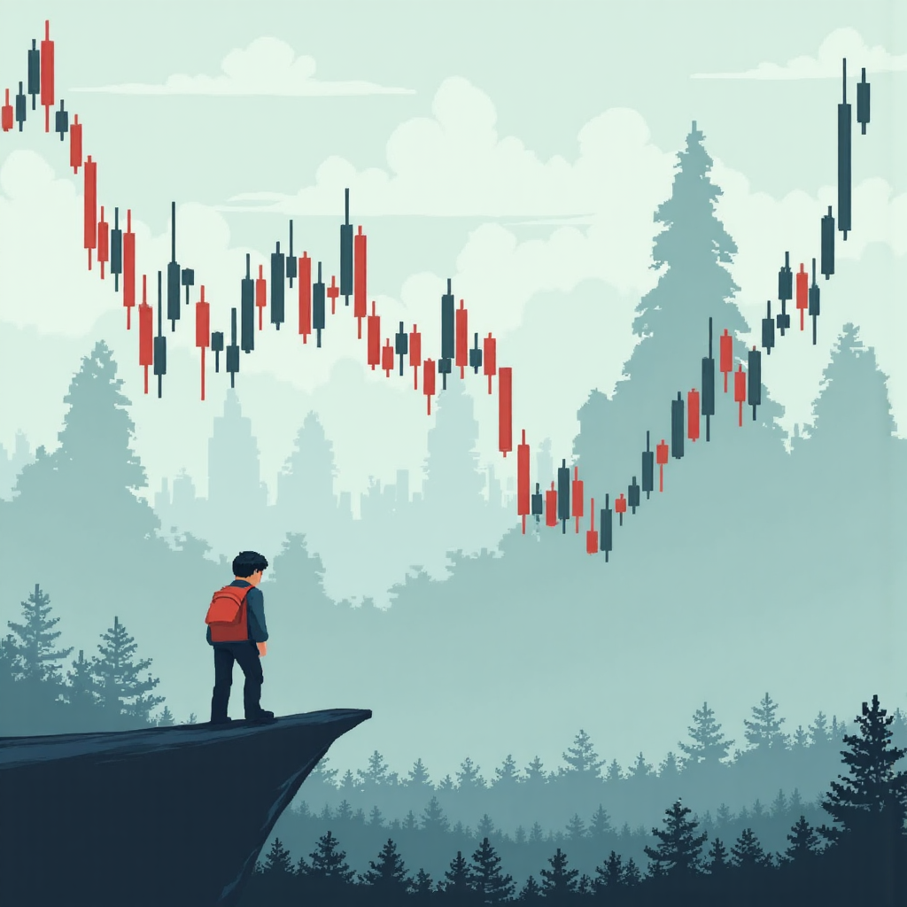 像素藝術風格的交易圖表,RSI指標在霧氣瀰漫的市場中顯示混亂訊號,象徵盤整階段的困惑與交易者的謹慎