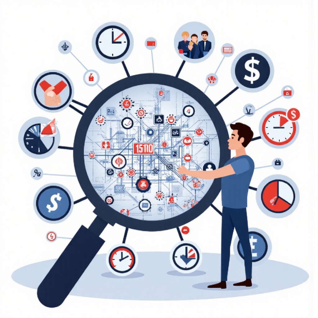 放大鏡檢視複雜的財務符號網絡，強調風險評估過程