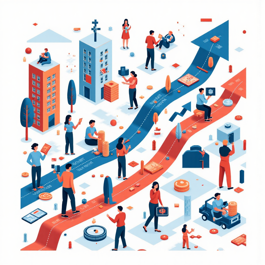 ภาพประกอบนามธรรมสไตล์พิกเซลอาร์ตที่แสดงการไหลของทุนลงทุนระหว่างตลาดหุ้น พันธบัตร และอสังหาริมทรัพย์ ท่ามกลางอัตราดอกเบี้ยที่ผันผวน ด้วยรูปทรงเรขาคณิตและเส้นสายไหลลื่น