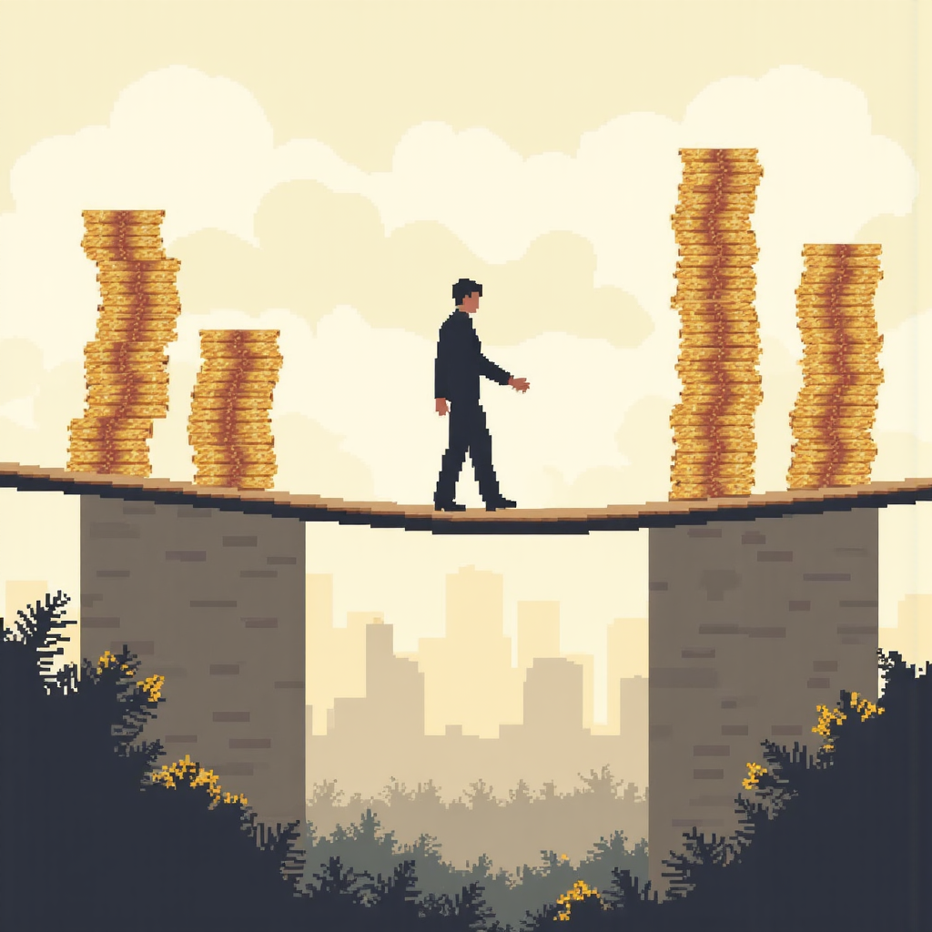 走鋼索平衡金幣與波動圖表的像素藝術,代表炒外匯風險與回報的平衡