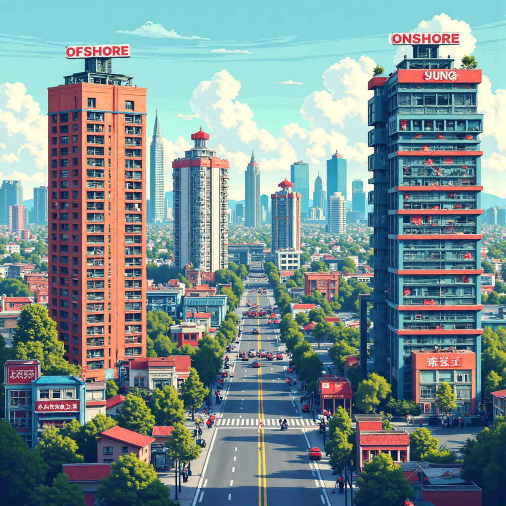 離岸人民幣與在岸人民幣的像素藝術圖示，象徵兩個相連卻獨立的金融市場