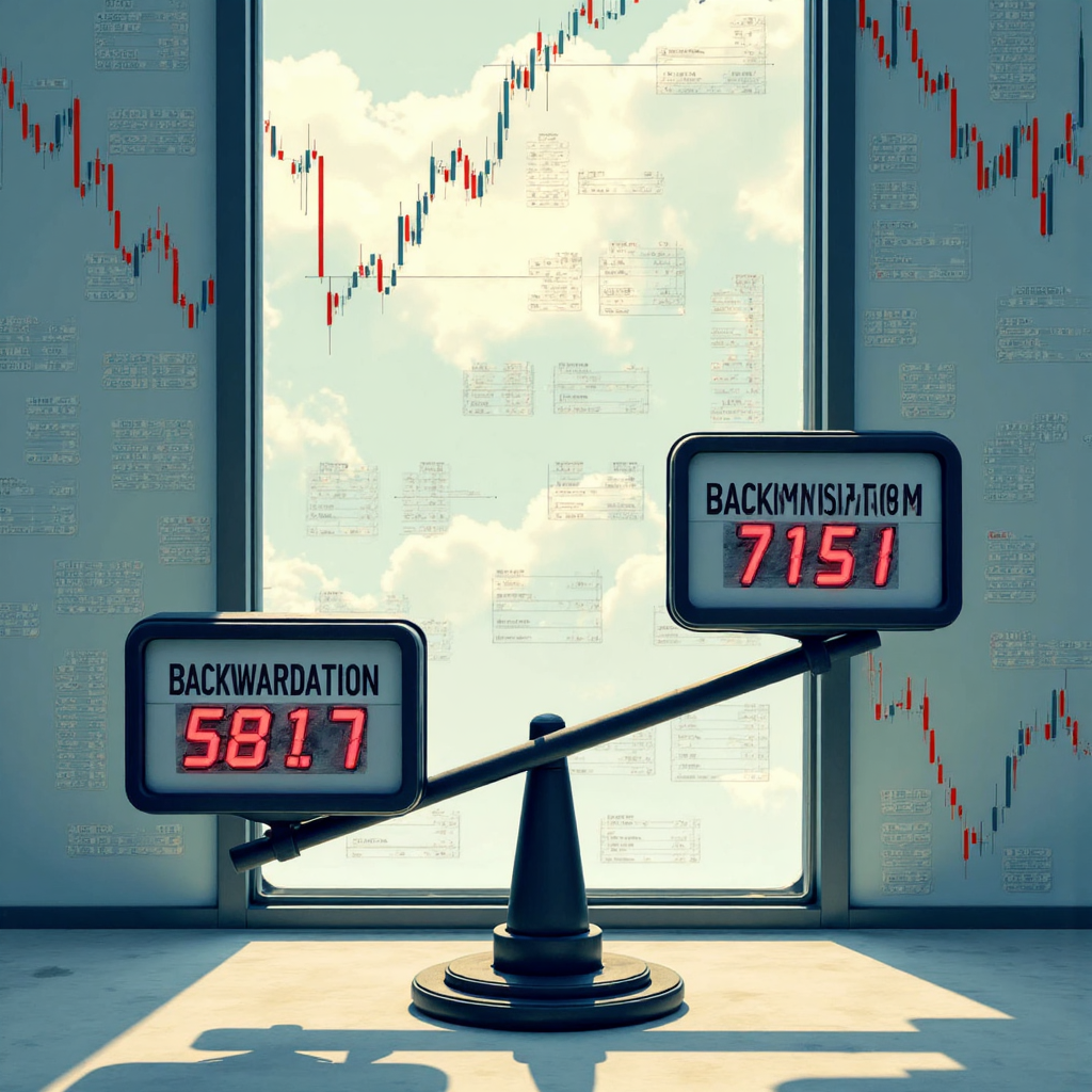 像素藝術風格概念插圖,鐘擺在正價差與逆價差之間擺動,背景為期貨市場數據圖表,展現動態市場力量