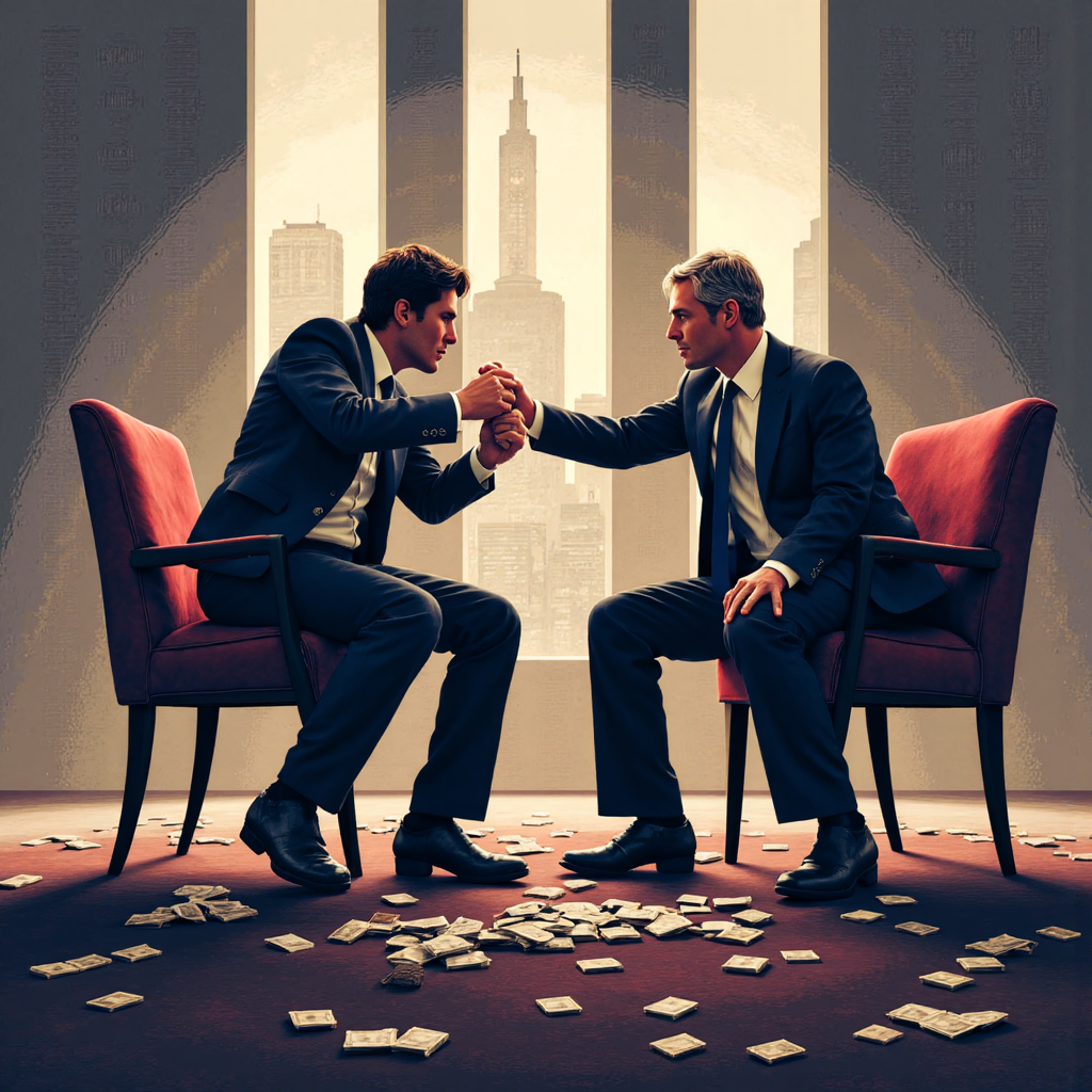 A stylized illustration representing the Bank of Japan BOJ and the US Federal Reserve Fed in a tug of war over the USD JPY currency pair with subtle economic data charts in the background soft lighting dramatic contrast