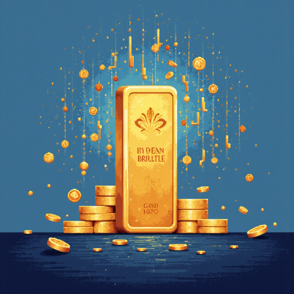 a vibrant illustration depicting a golden bar subtly transforming into digital charts and graphs symbolizing the transition from physical gold to electronic trading with a soft warm glow emanating from the center and a calm blue background with abstract financial motifs in the distance