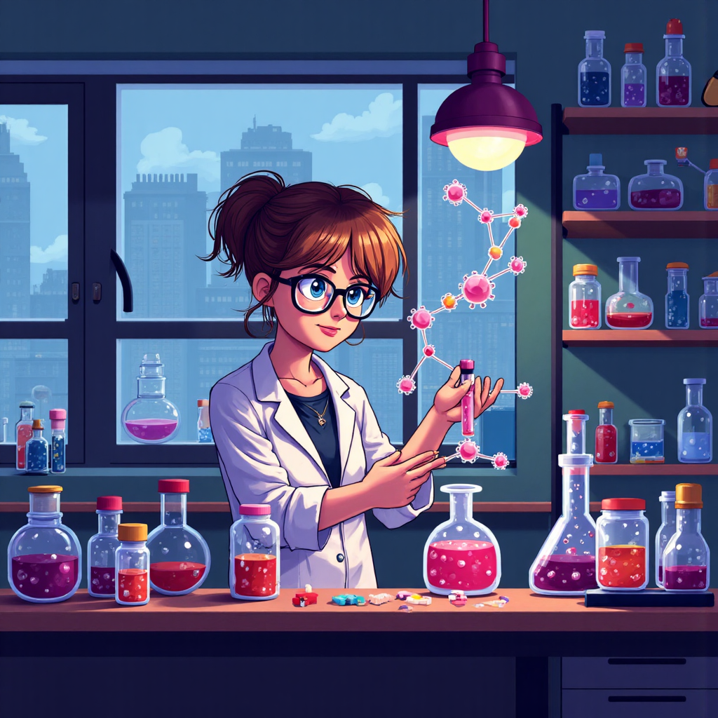 illustration of a scientist conducting a chemical experiment under bright laboratory lights with abstract colorful molecules floating around