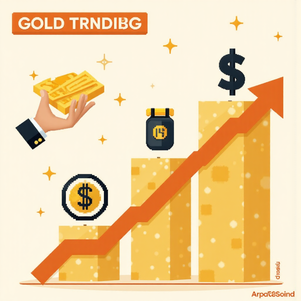 黃金價格上漲趨勢資訊圖,像素藝術風格,包含全球經濟圖標如貨幣符號與握手代表地緣政治