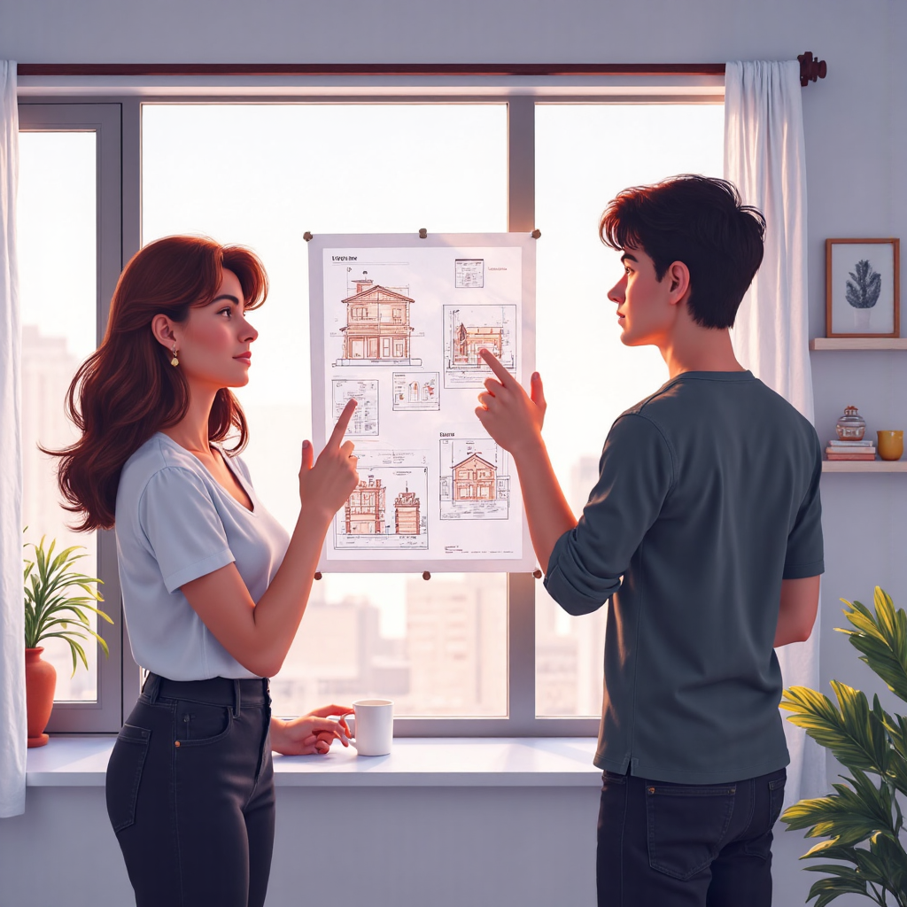 A young couple thoughtfully considering property investment options pointing at a blueprint with transparent overlaying graphs representing present values soft ambient lighting and a hopeful optimistic atmosphere in a modern illustration
