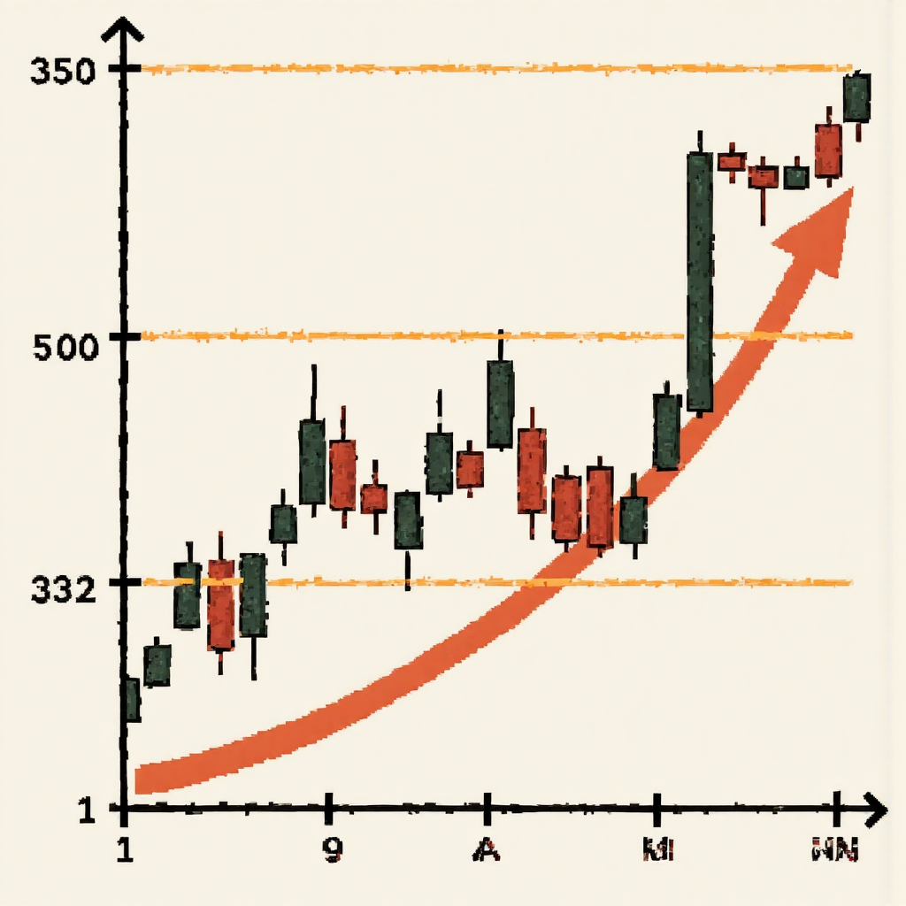 股票價格圖表顯示金叉和死叉的像素藝術風格插圖,包含向上和向下箭頭與市場背景