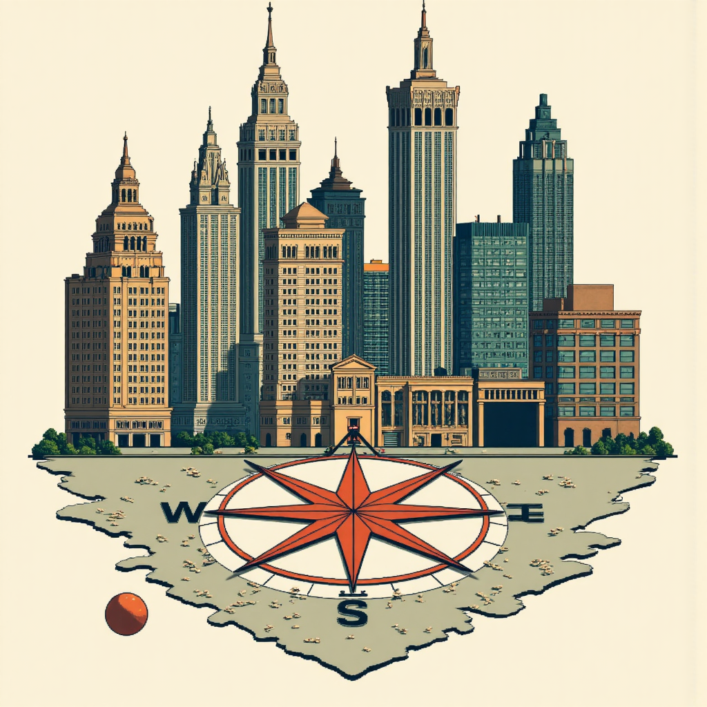 指南針指向美國股市建築的奇幻插圖,地面浮現半導體晶片圖案,象徵科技對全球市場的影響,現代像素藝術風格