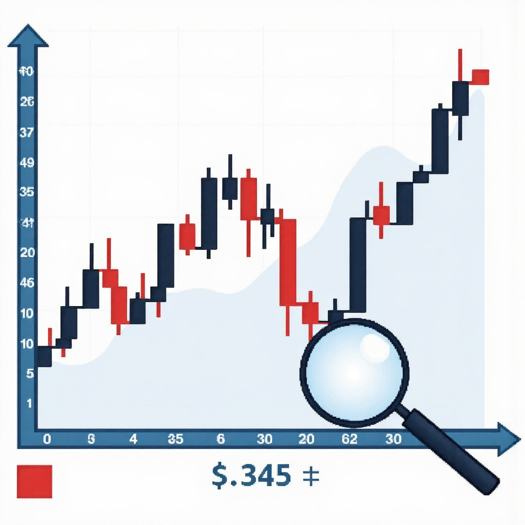 股票圖表放大鏡聚焦除息價格點顯示輕微向下調整的像素藝術插圖