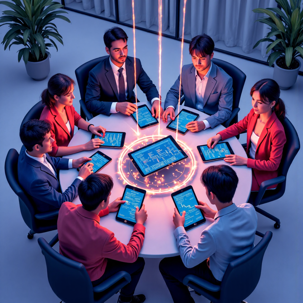 an overhead illustration depicting a diverse group of Thai investors engaging with smartphones and tablets displaying trading data connected by glowing lines symbolizing shared investment strategies and community support in a modern abstract setting