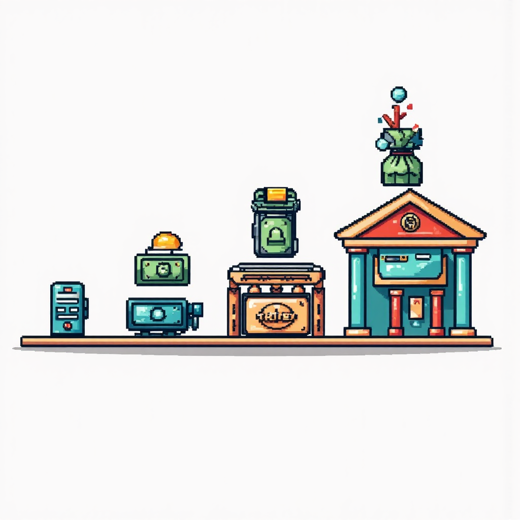 ภาพประกอบสีสันสดใสที่แสดงขั้นตอนการทำธุรกรรมทางการเงิน จากกระเป๋าเงินดิจิทัลไปยังบัญชีธนาคาร และสุดท้ายคือเงินสด สื่อถึงแนวคิดการถอนเงินในระบบการเงินสมัยใหม่