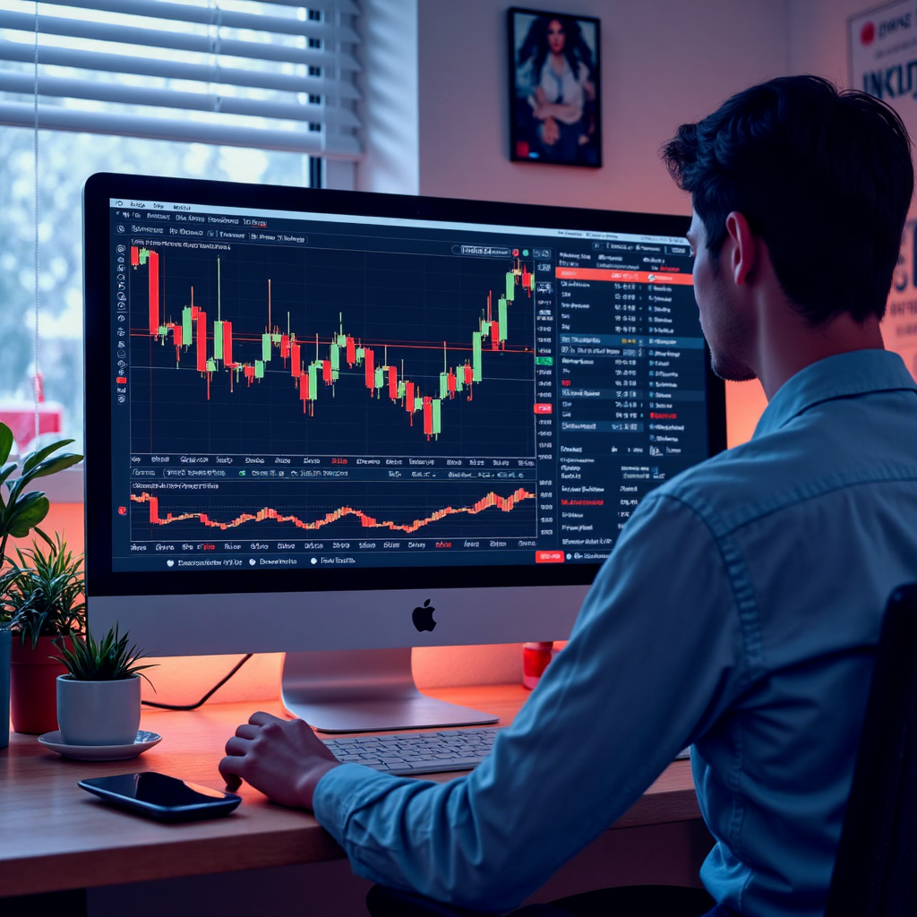 a close up illustration of a computer screen displaying a stock trading interface with a highlighted gravestone doji candlestick the surrounding elements suggest a moment of crucial decision making with a sense of urgency and focus the lighting is soft and the colors are a mix of professional blues and warning reds