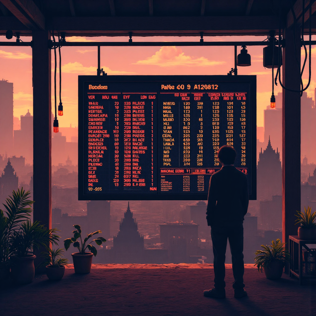 ภาพประกอบของสัญลักษณ์หุ้นที่หายไปจากกระดานดิจิทัลพร้อมองค์ประกอบสถาปัตยกรรมไทยเบาๆ ในพื้นหลัง โทนอุ่น แสงนุ่มนวล