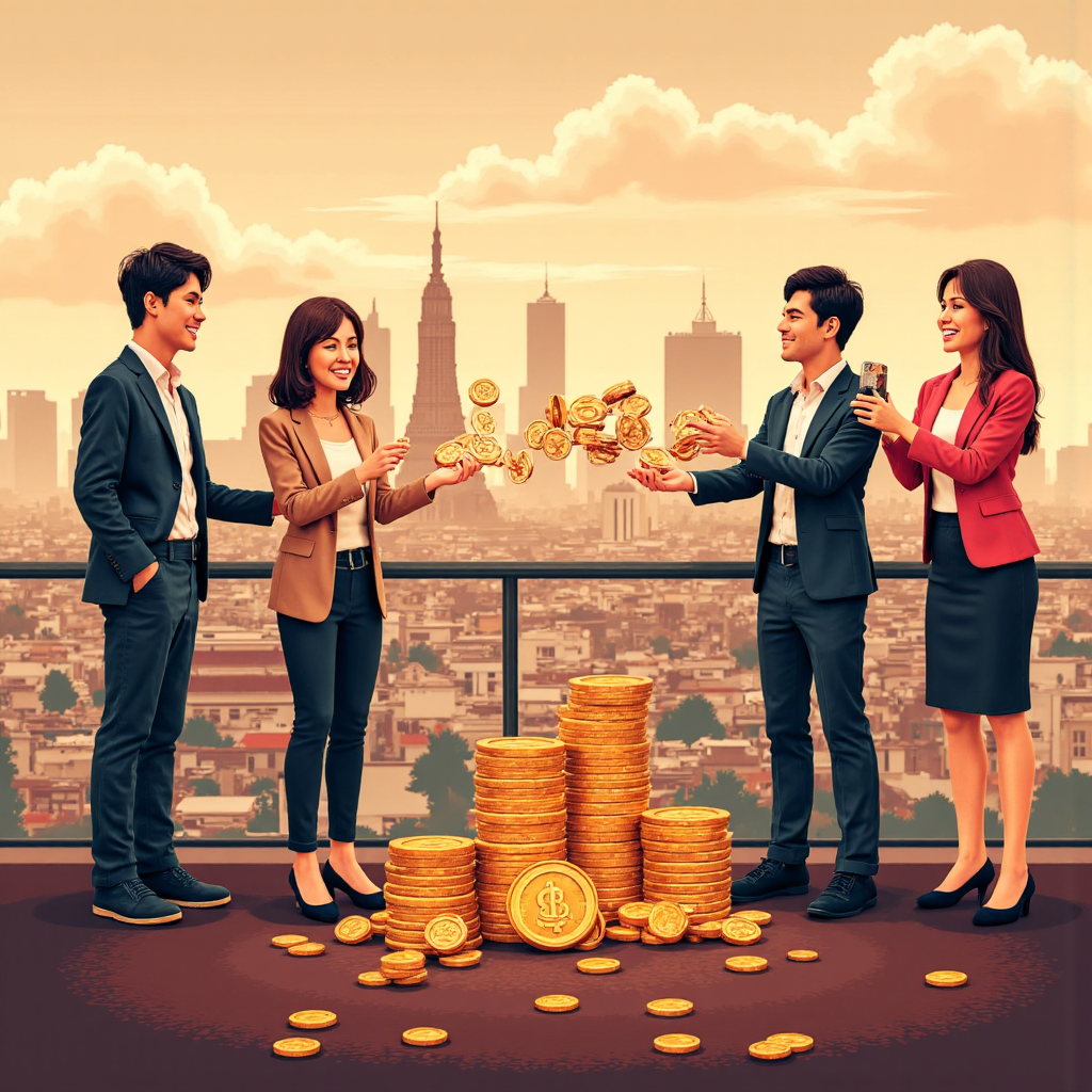 ภาพประกอบนักลงทุนไทยหลากหลายที่กำลังรับเงินปันผลอย่างมีความสุข ด้วยเหรียญส่องแสงและกราฟหุ้นที่เติบโต ท่ามกลางฉากหลังกรุงเทพฯ ในโทนสีอบอุ่นสดใส