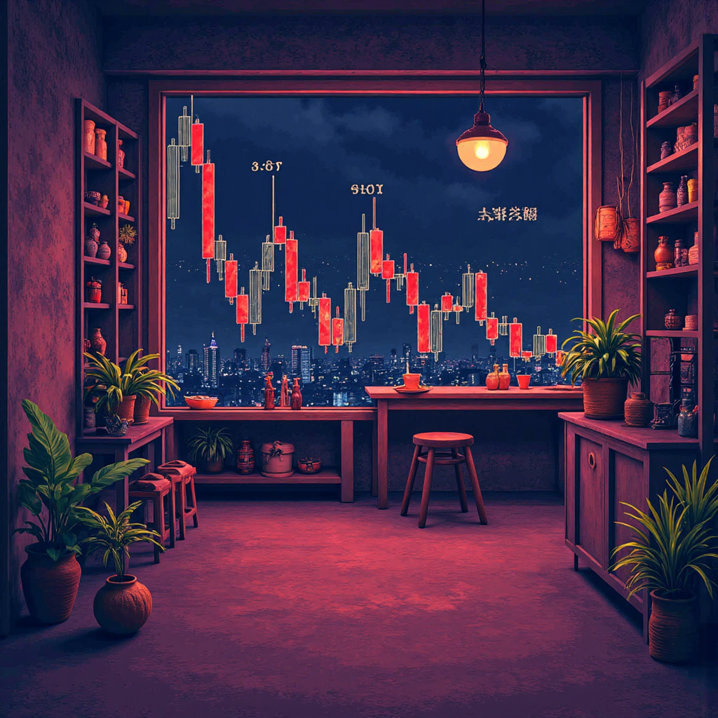 A stylized illustration of a financial chart showing a falling wedge pattern forming with downward converging trendlines and decreasing volume bars below a vibrant trading floor atmosphere with subtle hints of Thai market elements