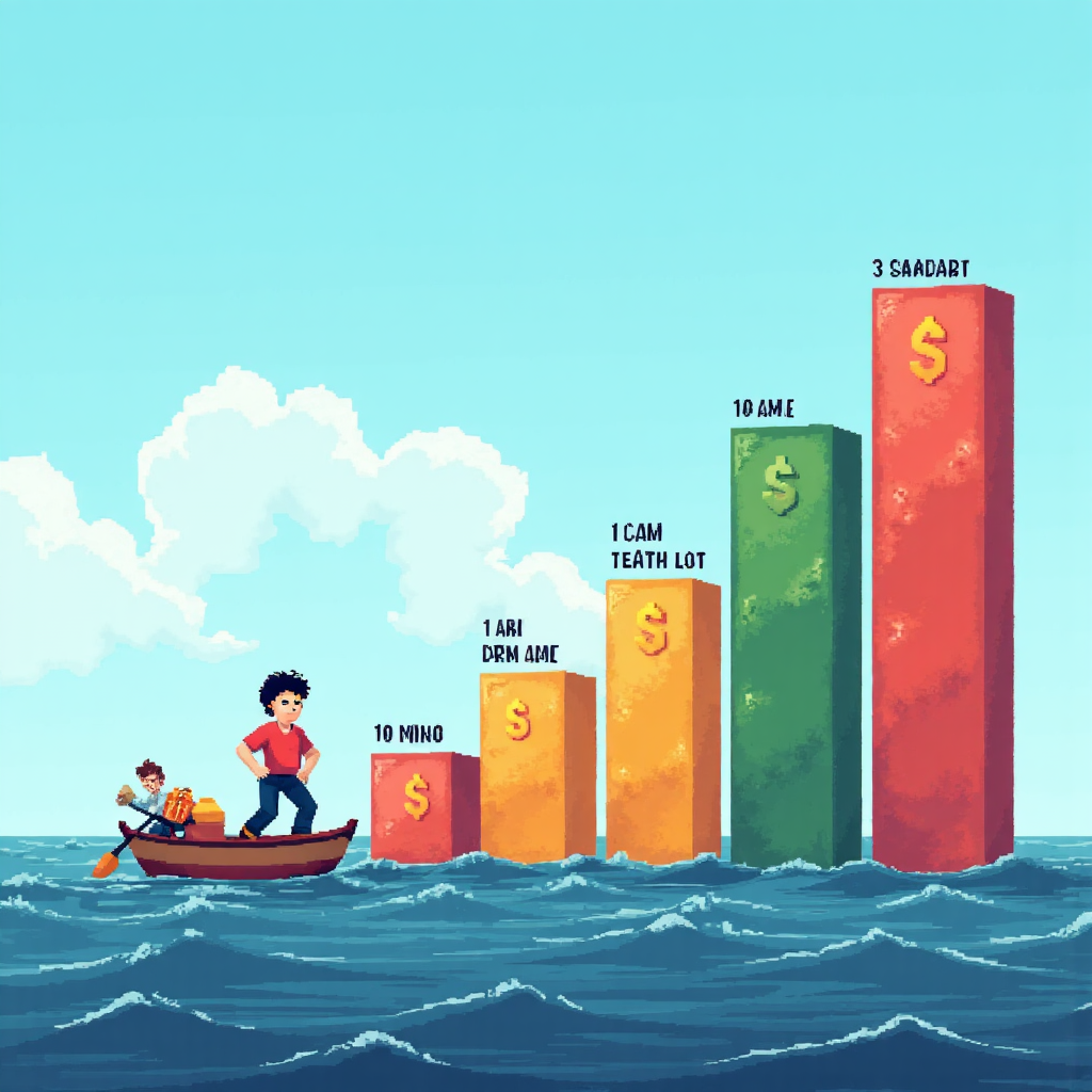 像素藝術中，小交易者穿越標示手數的貨幣海